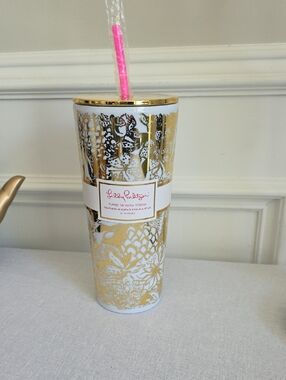 Lilly Pulitzer Safari Sangria Gold Insulated Tumbler With Straw